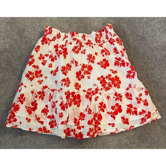 J.Crew Reimagined Flare Skirt Short Red White Floral Smocked Waist Cotton Large - Picture 1 of 9